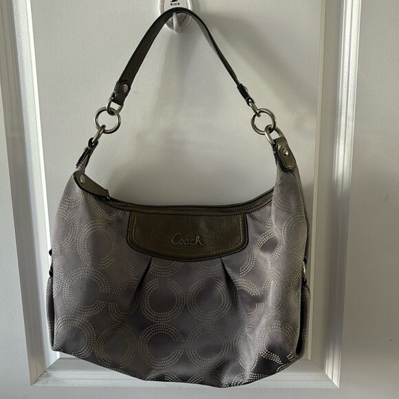 COACH Purse Vintage Ashley Dotted Op Art Jacquard & Leather Gray Hobo Bag - Picture 4 of 9